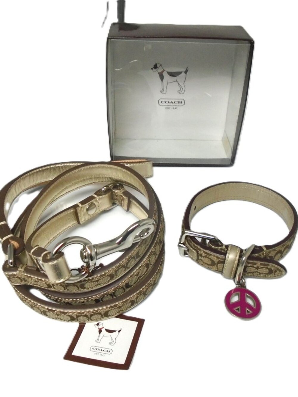COACH GOLD LEATHER BROWN JACQUARD SIGNATURE C DOG PET COLLAR LEASH SET SIZE XS